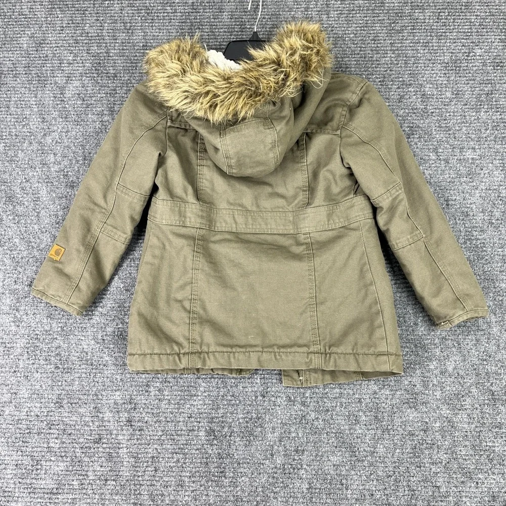 Carhartt Canvas Parka Jacket Youth 6X Sherpa Lined Faux Fur Hood Rugged Coat